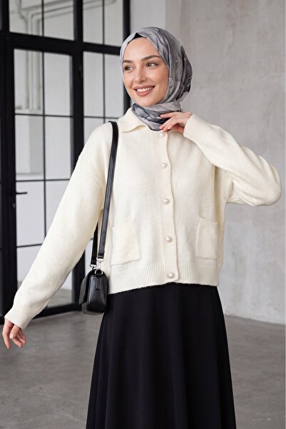 HİJABAYA Double Pocket Shirt Collar Buttoned Soft Long Sleeve Flowy Hijab Kni...