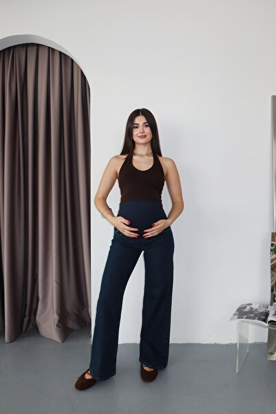 BQESS Hamile Koyu İndigo Yüksek Bel Geniş Paça Jean Pantolon