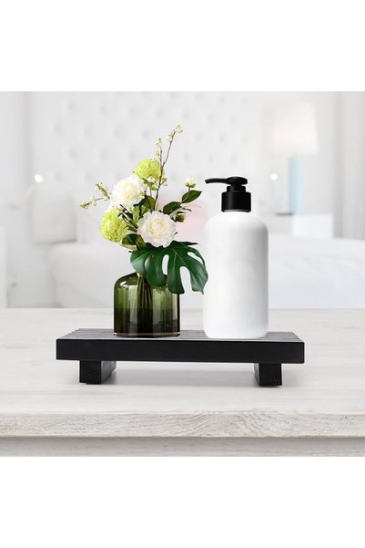 TERRIFI Small Bathroom Counter Organizer Tray, Decorative Wood Display Pedestal Stand, Kitchen Sink Soap Dis