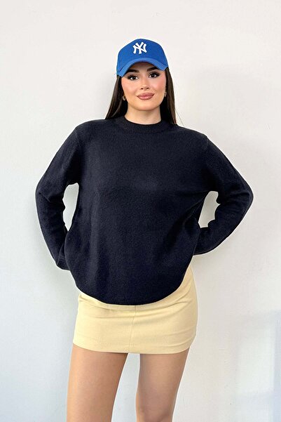 GİYSA Women's Crew Neck Casual Knitwear Sweater Navy Blue - 27K 2528