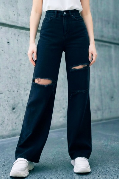 DRC trend Meda Women's High Waist Black Ripped Wide Leg Jeans Lycra Denim Tro...