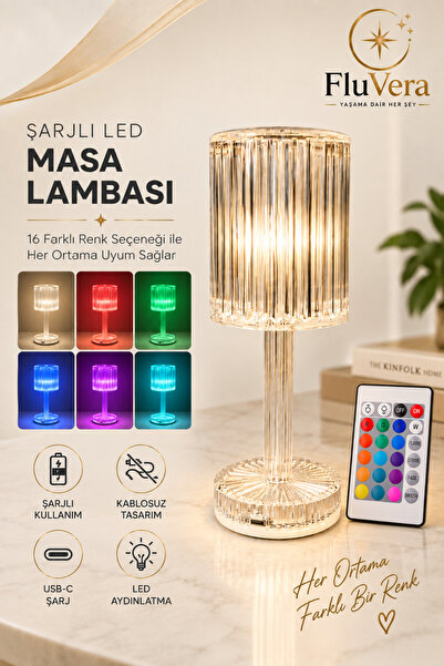 FluVera Şarjlı LED Masa Lambası 16 Renk Kumandalı Dokunmatik Kablosuz Dekorat...