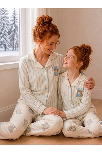 Tarık Women's Bear Embroidered Blue Line Patterned Front Buttoned Mother-Daug...