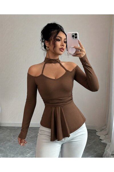 MODA ŞEHRİ Women's off-the-shoulder mock neck long sleeve v-neck pleated visc...