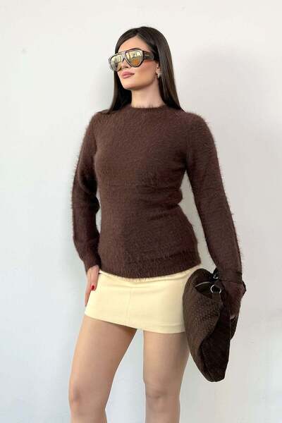 GİYSA Women's Crew Neck Bearded Knitwear Sweater Brown - 27K 2637