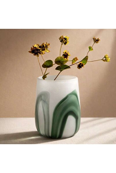 PAN HOME Esmeralda Glass Handpainted Ribbon Vase Frosted 16.5x16.5x22cm - Green