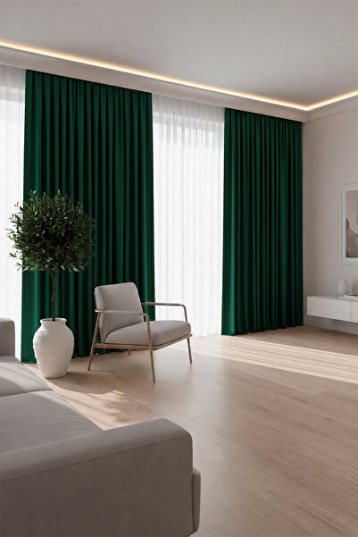 Velveta Modern Series Düz Pile Kadife Dokulu Fon Perde Çam Yeşili