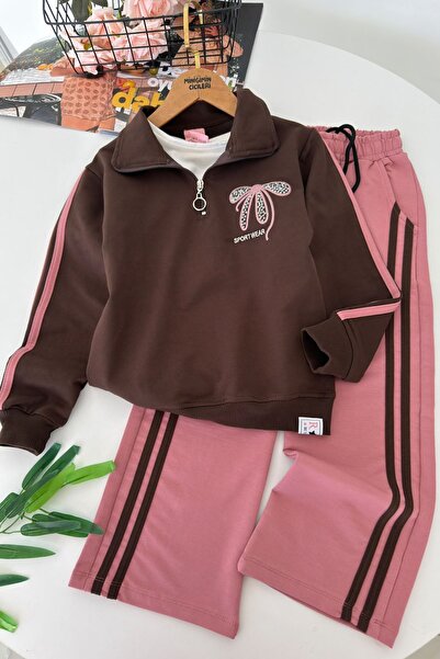 Minigimin Cicileri Sequin Bow Detailed Striped Girls' 3-Piece Tracksuit Set -...