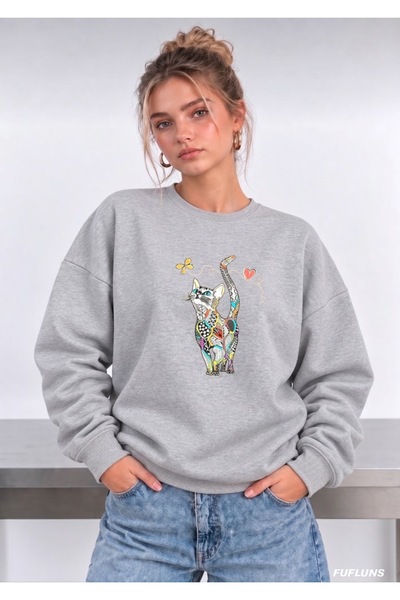 FUFLUNS Colorful Cat Printed Oversize Women's Crewneck Sweatshirt