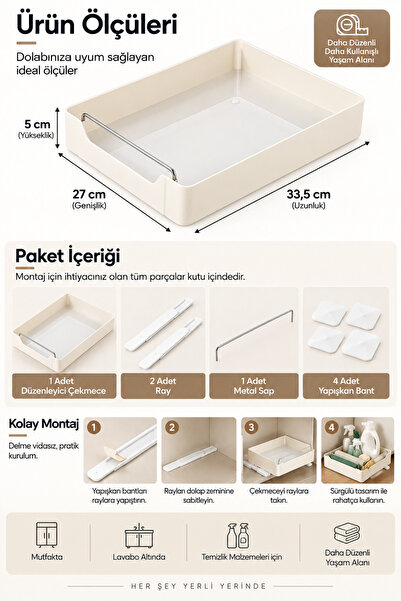 Poomy Sürgülü Dolap İçi Düzenleyici Organizer Raylı Çekmece Mutfak Banyo Lavabo Altı Organizeri 33.5x27 cm