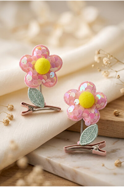 Cinderella Accessories 2'li 3D Boyutlu Pembe Sarı Ponponlu Pullu Çiçekli Yeşi...