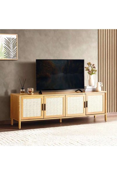 PAN HOME وحدة تلفزيون بونهيلا تصل إلى 80 بوصة من الخشب المكسو - بيج