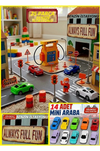 OYUNCAKSAHİLİ Araba Benzin Şarj istasyonu 25 Parça Oyuncak Set Figür Trafik I...