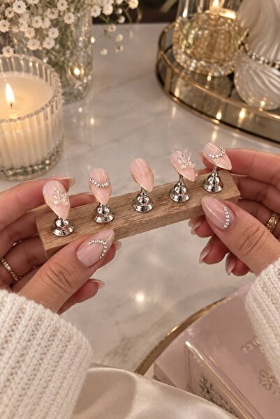 Genel Markalar EsAura Nude Pembe Gold Detaylı Taşlı Tasarım Takma Tırnak Seti