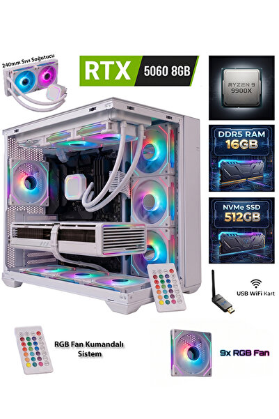 COMLOJI GA-Deluxe White RTX 5060 8GB Ryzen 9 9900X 16GB DDR5 512GB M.2 Sıvı S...
