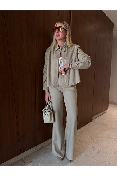 begum mayda Orijinal Model , Bej , Serpme Taşlı , Yumuşacık Gabardin Jean Takım