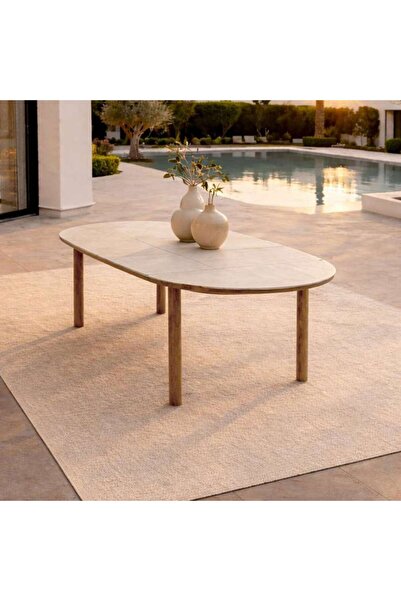 PAN HOME Raaha Outdoor Dining Table 8 Seater - Cream - Wooden Look