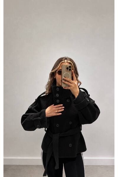 D'RECCY Women's Stand Collar Buttoned Waist-Tied Jacket Cashmere Coat