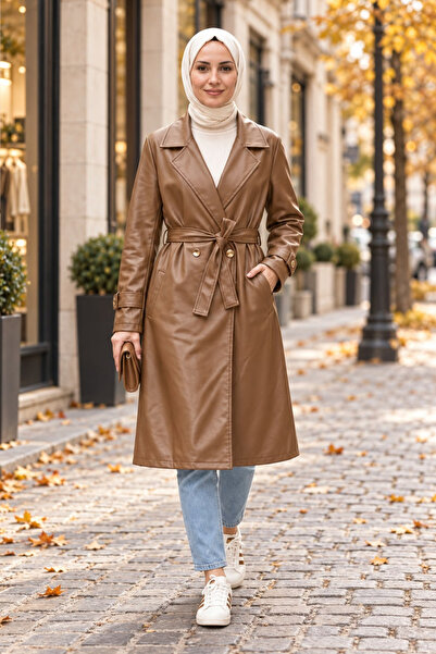Hb Harma Time Butik Women's Buttoned Belted Leather Trench Coat with Pockets