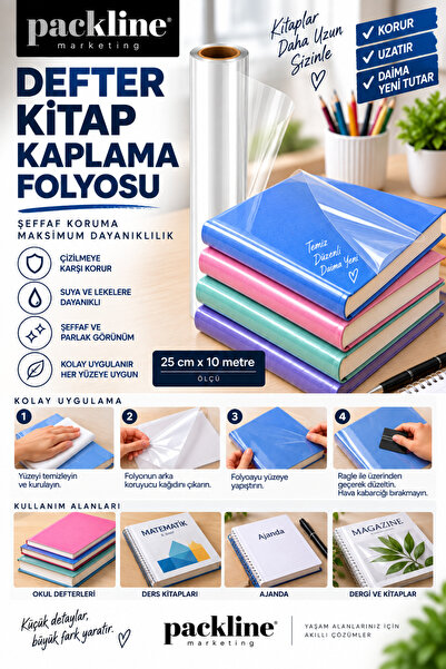 Packline Marketing Şeffaf Kendinden Yapışkanlı Defter Kitap Kaplama Folyosu 25cm x 10metre