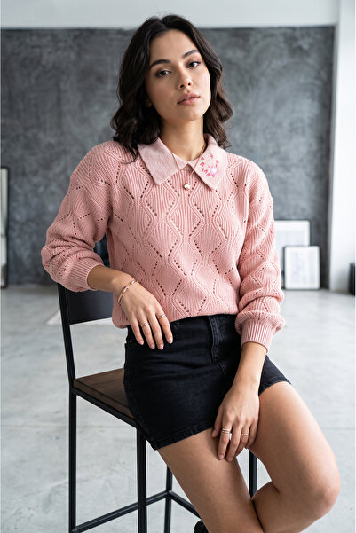 SAYZEN YOUR SHİNE Shirt Collar Embroidery Embroidered Thessaloniki Knit Women...