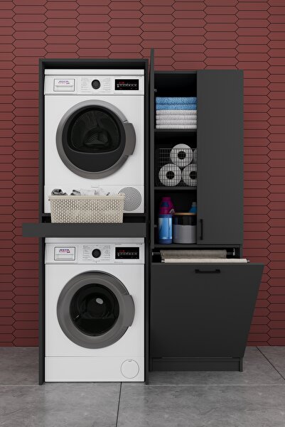 asratrend Çamaşır Makinesi Banyo Dolabı Takımı Sepetli %100 MDF Çekmeceli Çok...