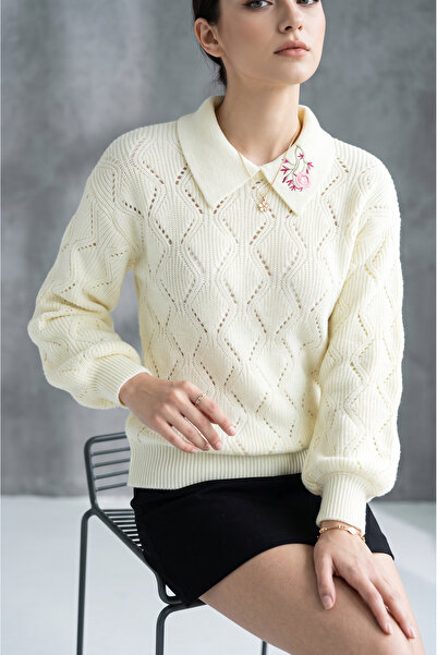 SAYZEN YOUR SHİNE Shirt Collar Embroidery Embroidered Thessaloniki Knit Women...