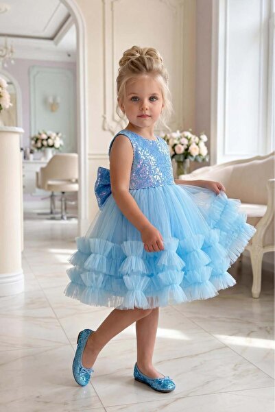 BUTİKHAPPYKİDS Rochie de seara pentru fetita, turcoaz, cu paiete, tul cu vola...