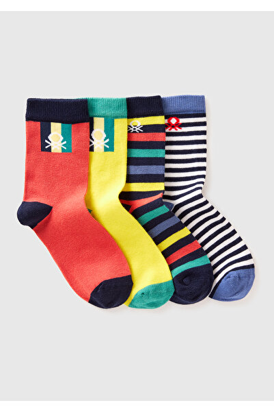 United Colors of Benetton Boy's Orange Mix Patterned 4-Piece Long Socks Set