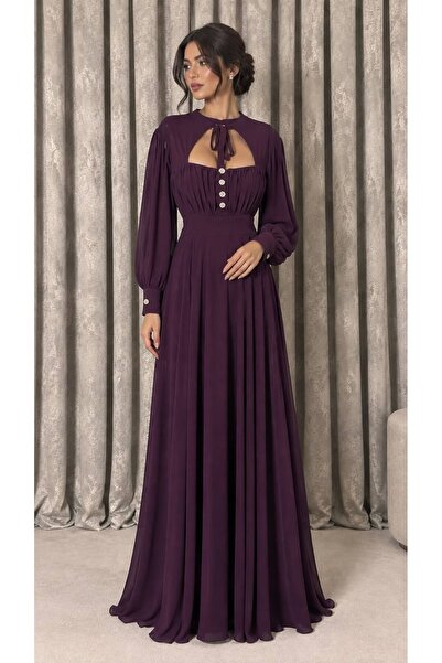 ELORA FASHION فستان أرجواني ملكي بأزرار كريستالية