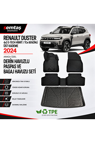 Renault Duster 4x2 2024 E-Tech Hibrit / TCe Benzinli Üst Kademe Araca Özel Derin Havuzlu Paspas ve Bagaj Havuzu Seti