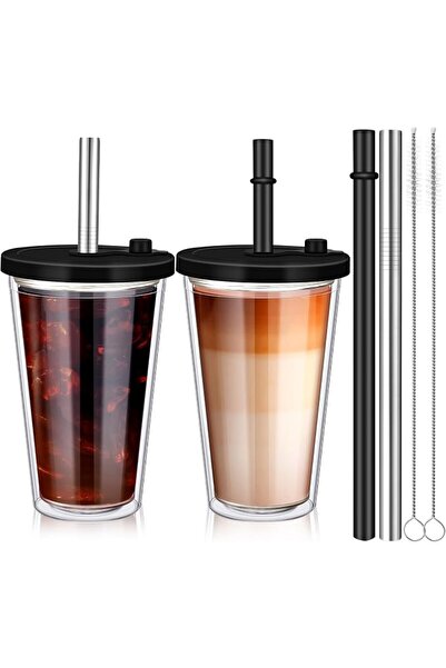KASTWAVE Reusable Iced Coffee Cups with Lids, 16oz Leakproof and Double Wall ...