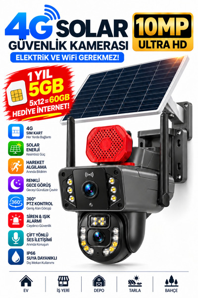 Visenox Pro 10MP 4G Solar Güvenlik Kamerası Sim Kartlı PTZ Renkli Gece Görüş ...