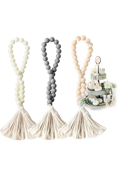 AZONEE 3 Pcs Classic Wood Beads Tassel, 27 Inch Wood Bead Farmhouse Rustic Be...