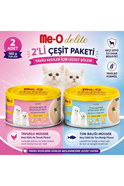 ‎Me-O Delite Keçi Sütlü Tahılsız Yavru Kedi Konservesi 80 gr x 2 Tavuklu...