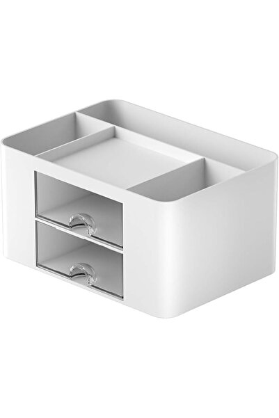 Tazweeq Pen Organizer with 2 Drawers, White, Plastic, Desktop Storage Box for...