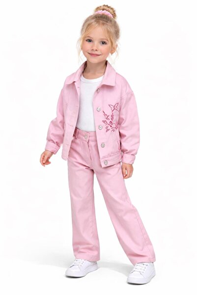 AYKİDSCLUP Kız Çocuk Gabardin 3 Parça Pembe Ceketli Takım – Nakış Detaylı Cek...