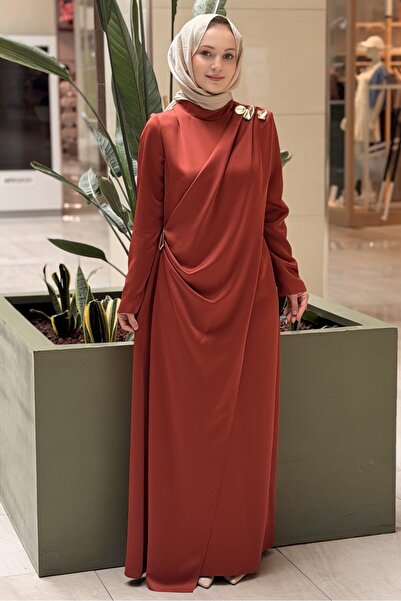 Matex Satin Evening Dress with Brooches on the Shoulder and Waist