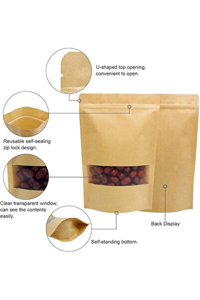 ALMEKAQUZ 100Pcs Kraft Bags with Transparent Window, Multipurpose Stand Up Po...