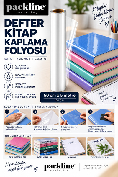 Packline Marketing Şeffaf Kendinden Yapışkanlı Defter Kitap Kaplama Folyosu 50cm x 5metre