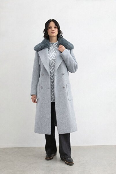 Doque 57039 YAKASI KÜRKLÜ ÖNDEN ÇİFT CEPLİ BELİ KEMERLİ KAŞE KABAN #12-25#