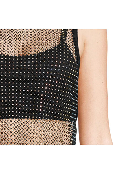 doneel Women’s Black Rhinestone Mesh Sleeveless Cami Top – Free Size