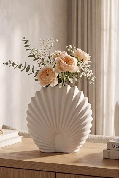 MaperaHome Seramik Dekoratif İstiridye Pinterest Vazo Ev Dekorasyonu 20*17 cm