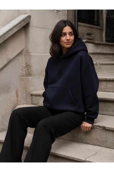 harmony factory Unisex Düz Oversize Kapüşonlu Sweatshirt 3 İplik Şardonlu Lacivert