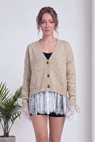 zks grup tekstil Women's Lace Detailed Buttoned Knitwear Cardigan V-Neck Over...