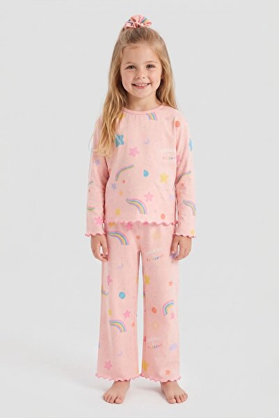 ZUZUNGA Girl's Rainbow Patterned Beybi Overlock Salmon Pajama Set – with Buck...