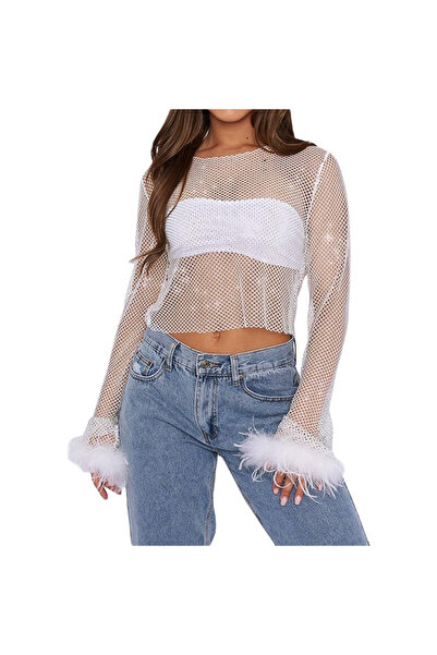 doneel Women’s White Rhinestone Mesh Long Sleeve Crop Top with Feather Cuffs – Free Size