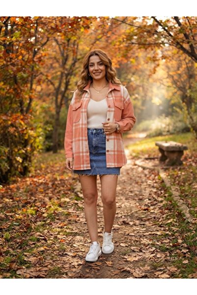 Polologin Butik Somon/Beyaz Kareli Cepli Oversize Oduncu Gömlek