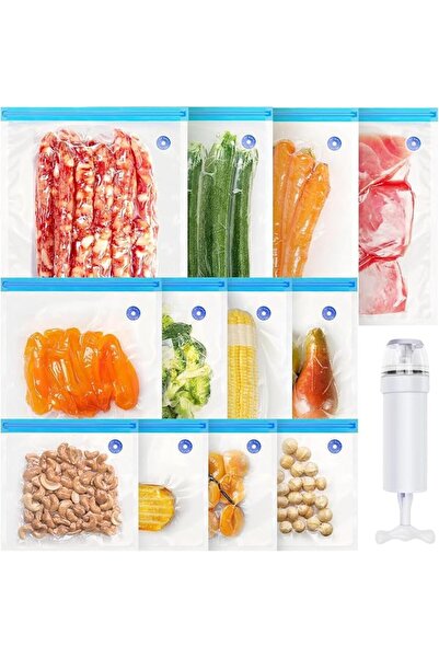 ALMEKAQUZ 12 PCS Reusable Vacuum Freezer Bags with Manual Pump