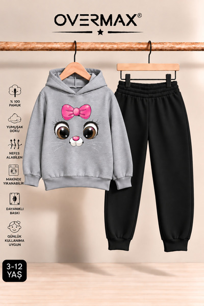 OVERMAX Girl's Hooded Kitten Face Printed Tracksuit Set 3-12 Years